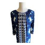 London Times NWOT- Beautiful shift dress, blues and white print, 3/4 sleeves, ties at neck, excellent condition, size 12 Measurements:  Bust: armpit to armpit 21 inches  Length: shoulder seam to bottom 38 inches Photo 5