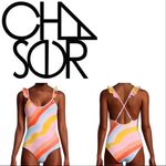 Chaser  Striped Ruffle Straps One Piece Swimsuit, Size L, NWT Photo 1