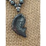 Hematite Gemstone Beaded Necklace With Carved Koi Fish Pendant Screw Barrel 17" Silver Photo 1
