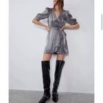 ZARA NWOT  Metallic Silver Laminated Pewter Wrap Mini Dress Sz XS Photo 5