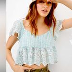 American Eagle  sage green floral eyelet lace ruffled smocked crop top blouse XL Photo 1
