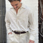 Free People Vintage club room beige striped button up preppy retro shirt sz L Photo 0