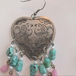 Vintage large silvertone hearts with birds boho statement beaded earrings Pink Photo 4