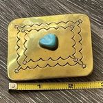 Navajo Yellow Brass Turquoise Women’s Belt Buckle Flower Engraved Signed ER Gold Photo 3