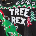 Ugly Christmas Sweater Tree Rex Dinosaur Fair Isle Black Green MEDIUM Photo 1