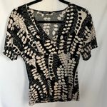 Hiatus top women’s size M vneck black tan leaf print short sleeve blouse VTG y2k Photo 0
