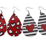 Earrings Heart Love Earrings Valentines Faux Leather Stripe Dangle Red White B1 Photo 0