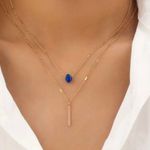 Double Layer Long Bar Zircon Blue Water Drop Pendant Necklace Women Jewelry Gold Photo 0