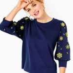 Lilly Pulitzer  Corden Knit Sweatshirt Low Tide Navy Puff Sleeves Flower Cutouts Photo 0