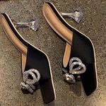 SheIn Stiletto High Heel Rhinestone Slippers Women's Square Toe Satin Bow Black 6.5 Photo 2