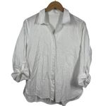 Womens Button Down Top L White Cotton Roll Tab Sleeve Minimal Coastal Grandma Size M Photo 0