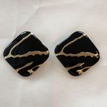 Super Mod Vintage Statement Pierced Earrings Gold W Black Enamel Photo 0