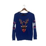 Ugly Christmas Sweater Bright Blue Reindeer Pom Pom Cozy Holiday Photo 1