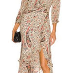 Veronica Beard  Derby Silk Dress Size 4 Midi Oat Multi Faux Wrap Lined Side Slit Photo 0