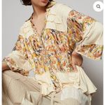 POL  Boho Floral Patchwork Button Front Cream Multicolor Peasant Top Size Small Photo 0