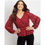 Maurice's  Top Womens 1X Burgundy Lace Peplum Blouse Long‎ Sleeve V-Neck Romantic Photo 7