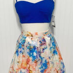 AQUA  Bustier Crop Top Pleated Skirt Cutout Mini‎ Dress Marble Print Blue White 6 Photo 0