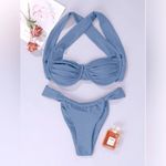 NWT Hilinker Blue Ruched Bikini Criss Cross Back High Cut Swimsuit Set Sz M Size M Photo 1