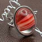 Handmade Vintage West German Glass Ring – Coral Red Stripe Cabochon, Adjustable Photo 0