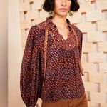 Ulla Johnson  Aninda Blouse in Citrine Printed Silk Long Sleeve Top Brown Rust Photo 0