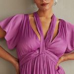 Anthropologie NWT  Deep V-Neck Vibrant Mini Dress Size 14 Purple Satin Flowy Photo 7