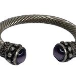 Vintage: Purple Cats Eye Cabochon Gems ❁ Twisted Silver Cable Bangle Bracelet ❁ Photo 4