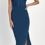 Lulus  Passionate Aura Teal Blue Textured Strapless Bustier
Midi Dress Photo 0