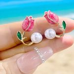 Stunning One Pair‎ of Gold Plated Elegant Pink Rose Bead Ear Studs Earrings Photo 1