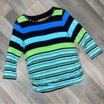 Ruby Rd. Beaded Neckline Striped Shirt Teal Lime Black Small Blue Photo 10