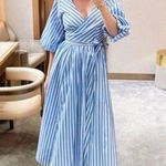 Staud Jodie Midi Wrap Dress Sea Stripe Size Small Bridal Wedding Guest Picnic Blue Photo 1
