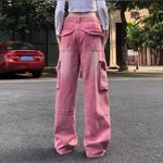 Pink Coral Ombré Wide Leg Cargo Denim Pants Cotton Y2K Streetwear Sz Small Photo 7