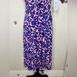 Leota Petals Finnley Faux Wrap Sleeveless Dress in Blue, White & Coral Size L Photo 3