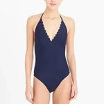 J.Crew  Swimsuit One Piece Scalloped Neckline Deep V-Neck Size 10 Navy Blue‎ Photo 1