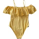 One Piece BOUTIQUE-SWIMSUIT Beautiful yellow  swimsuit, yellow off shoulder, ruffle top, adjustable straps, padded built in bra, excellent condition, size large Chest measures 16-19 inches  *ALL SWIMSUITS HAVE BEEN CLEANED SNS SANITIZED * Photo 4