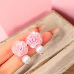Cute Pink Rose Flower Stud Earrings with Pearlescent Bead Alloy‎ Crafted Floral Photo 3