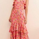 Keepsake the Label For Me Gown Tangerine Orange Floral Ruffle Trim Satin Dress Photo 0