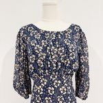 RIXO Cheryl 100% Silk Floral Puff Sleeve Ruffle Trim Tiered Midi Dress Small Blue Photo 2