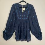 Free People NWT  Navy Blue Floral Embroidered Beaded Flowy Blouse Women's Small Photo 2