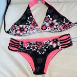 Women large Floral Black and Pink Bikini Set reversible to solid pink triangle Photo 0