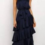 Petal and Pup  Navy Blue Satin Seychelle Ruffle Tiered Midi Dress 12 Photo 1