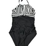 Tempt Me Swimsuit One Piece Womens Small Black White Halter Tie V Neck Ruched Photo 0