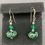 Emerald Green Glass Swirl Lamp work Dangle Earrings 925 Sterling Photo 0