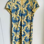 Vintage 90s Toile Print summer Dress Sheath Blue Yellow Size Medium Knee Demure Photo 1