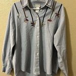 VTG Napa Valley Sz L Embroidered Band Collar Blue Chambray Shirt Blouse Peasant Size L Photo 1