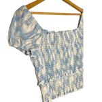Lush Clothing New Lush Womens Size XL Cropped Top Smocked Cap Puff Sleeve White Blue Swirl Photo 9