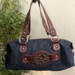 RARE Y2K Baddie Navy blue denim brown leather shoulder hand bag purse silver hearts rings brown black zebra animal lining rectangular boxy shape. #streetwear dark #academia #goth #gorpcore grunge #whimsygoth Photo 0
