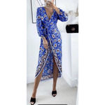 ZARA  Blue Floral Wrap Midi Dress Women’s Medium Bold Boho Resort Vacation Party Photo 1