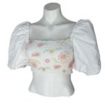 ZARA Poplin White Floral Puff Sleeve Smocked Crop Top, Sz XS Photo 8