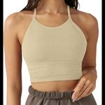 LASLULU Ribbed Halter Crop Tank Top Cream Beige Seamless Workout Athleisure S Photo 0