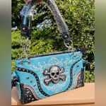 Turquoise Rhinestone Skull Concealed Carry Handbag Studded Leather Purse Blue Photo 4